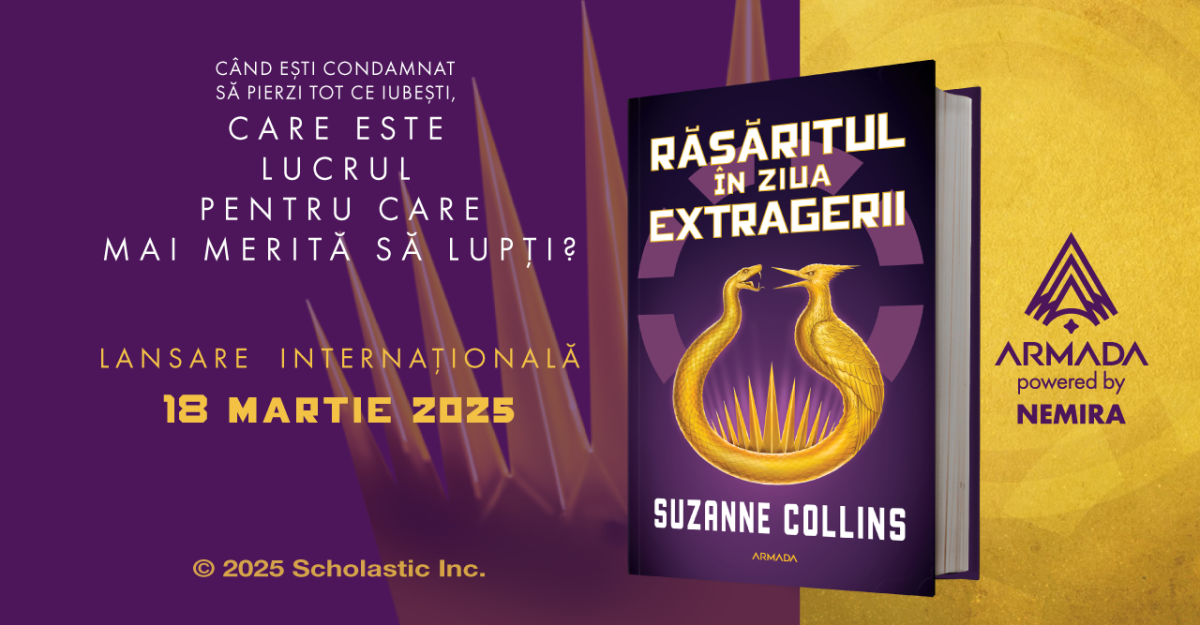 Editura Nemira lansează astăzi, 18 martie 2025, concomitent cu edițiile internaționale, cel mai recent roman al seriei bestseller „Jocurile foamei”: „Răsăritul în ziua extragerii”
